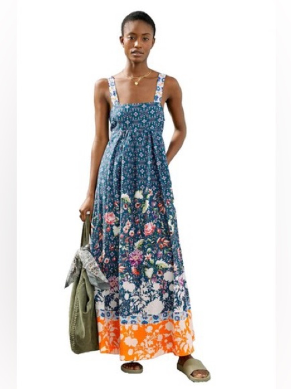Anthropologie Maeve Madison cotton Tie-Back Maxi Dress Floral Patchwork Sz XS